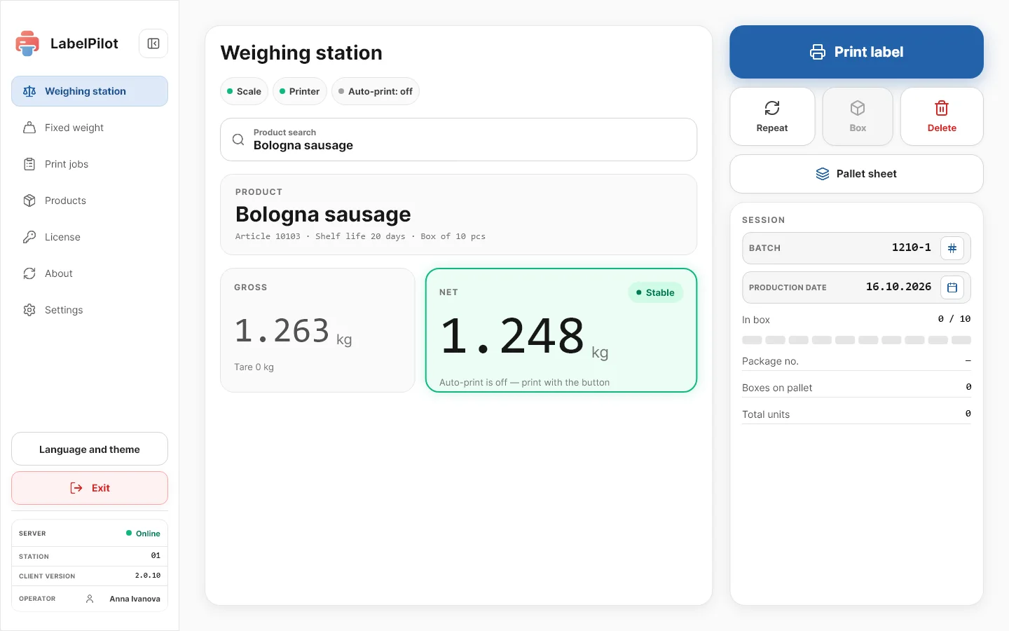 Labelling station: weight, product and printing